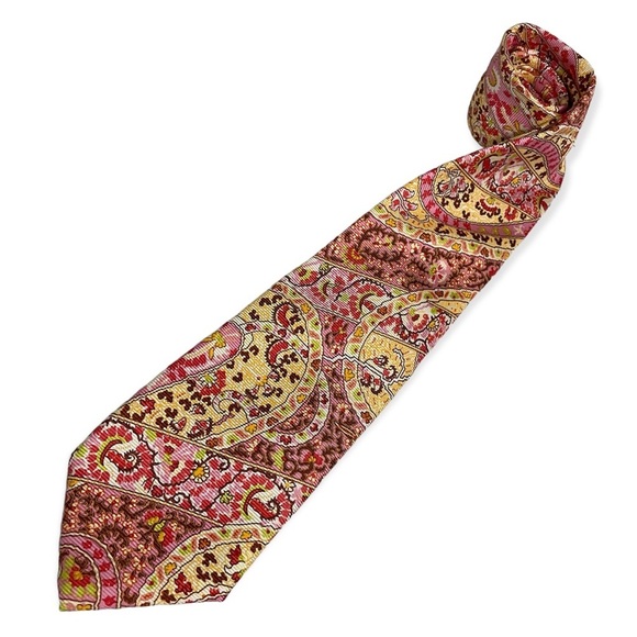 Lands’ End Silk Tie Paisley Floral Pink Yellow Spring USA Mens Classic Pointed - Picture 1 of 8